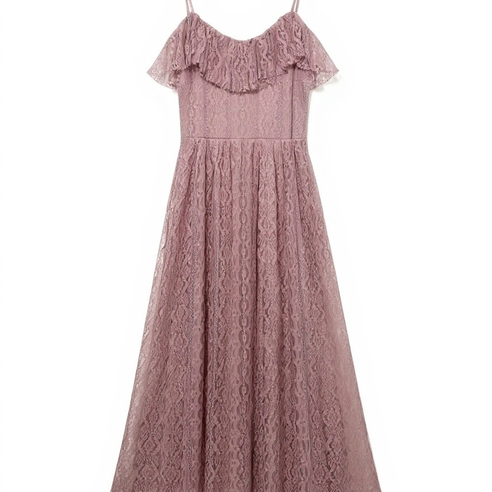 DANS Women’s Size 40(M) Lace Maxi Dress Pink Ruffle Trim NWT Made in Turkey